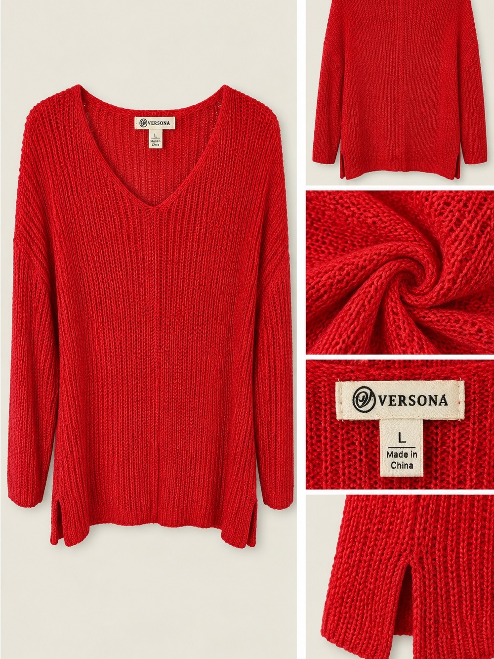 Versona Bright Red V-Neck Ribbed Sweater - Picture 2 of 2